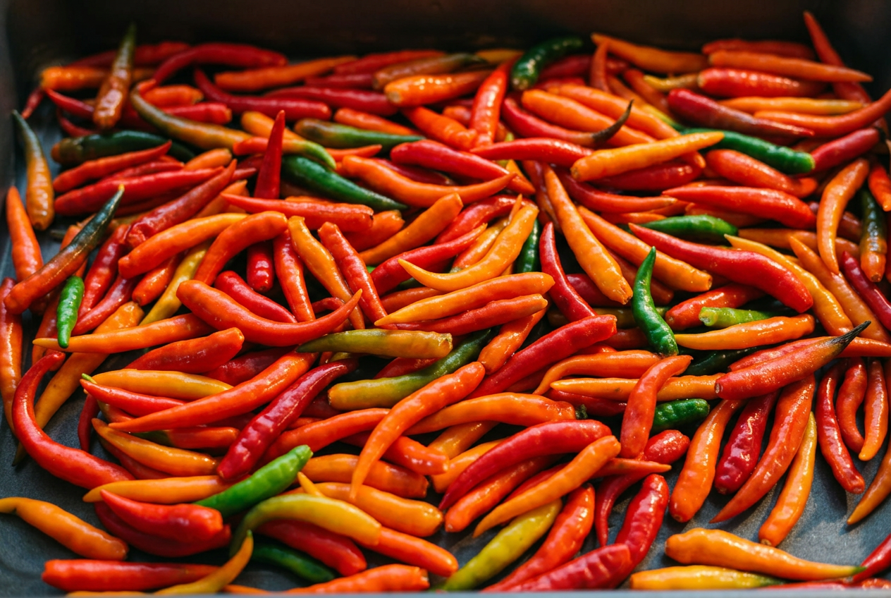 Tray of fresh red, orange and green hot peppers