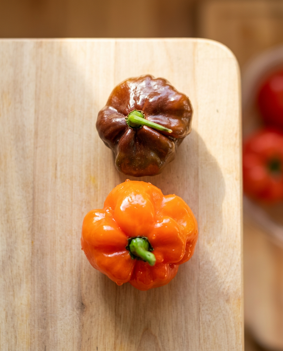 Chocolate and orange scotch bonnet peppers on a wooden board