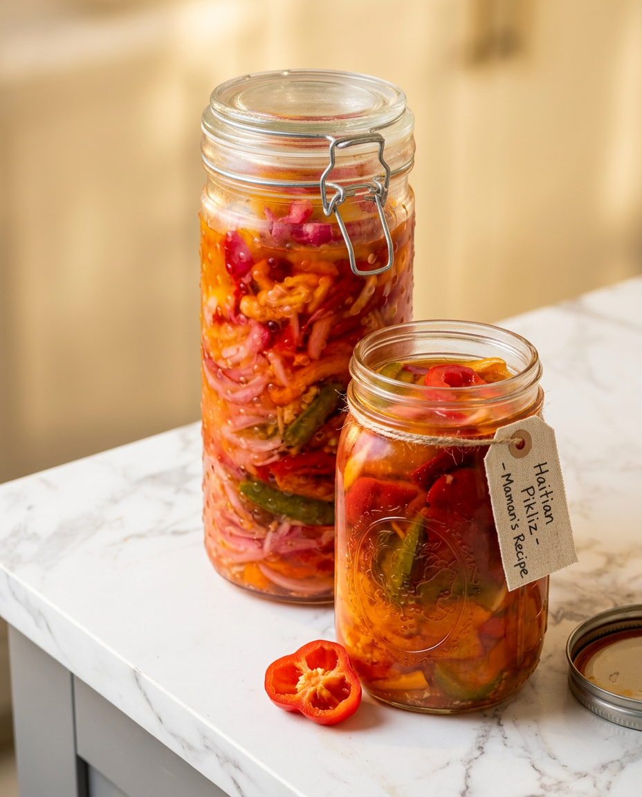 Two jars of handmade Haitian pikliz on a marble counter