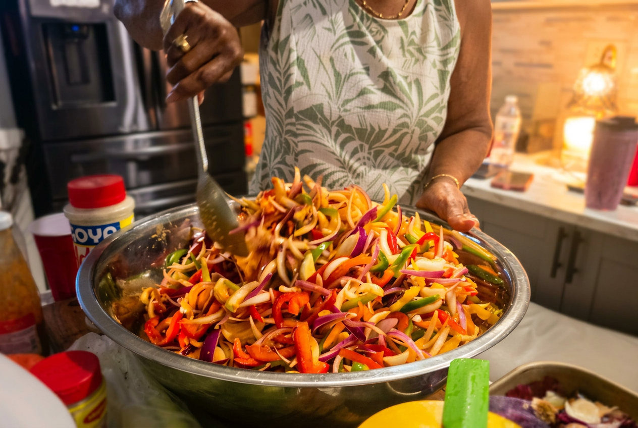 Fay tossing a large bowl of sliced peppers, cabbage and onions