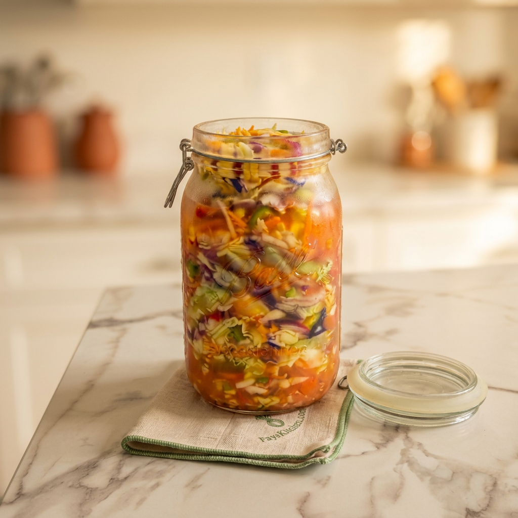 Open jar of traditional Haitian pikliz in golden brine