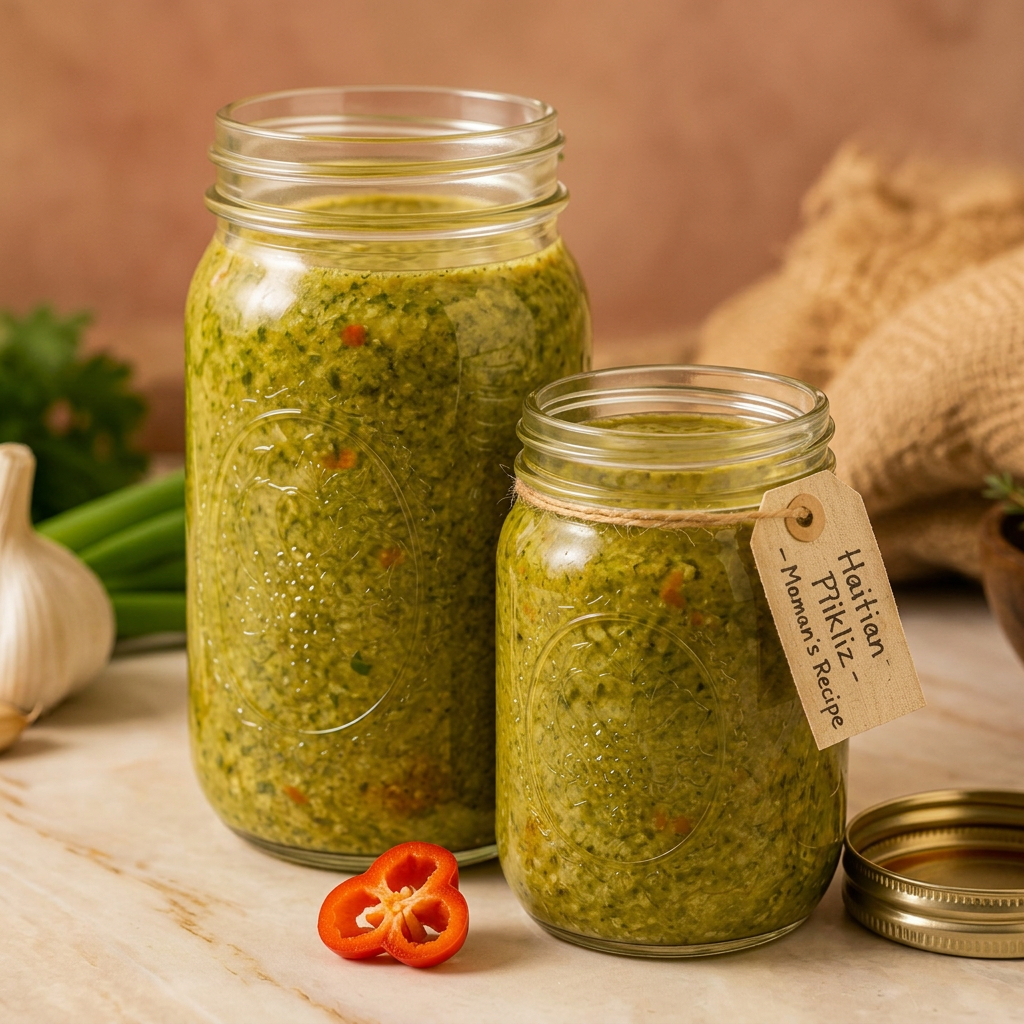 Jar of fresh green Haitian epis seasoning